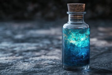 Obraz premium Mystical potion in glass bottle with blue swirling liquid