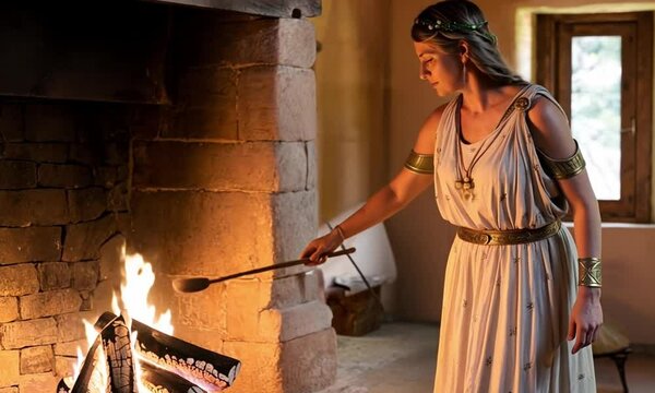 Hestia, the Greek goddess of the hearth, stands by a fire in an ancient home. The warm lighting shows her peaceful expression as she tends to the flame.