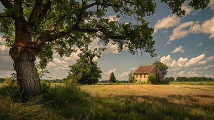 Fototapeta premium Mulberry tree growing wild in an abandoned orchard with the old farmhouse visible in the distance symbolizing the passage of time and natures persistence Scientific name Morus alba