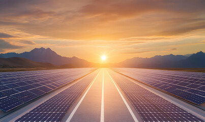 Solar Panels at Sunrise Along a Scenic Highway &ndash; Renewable Energy Concept Design