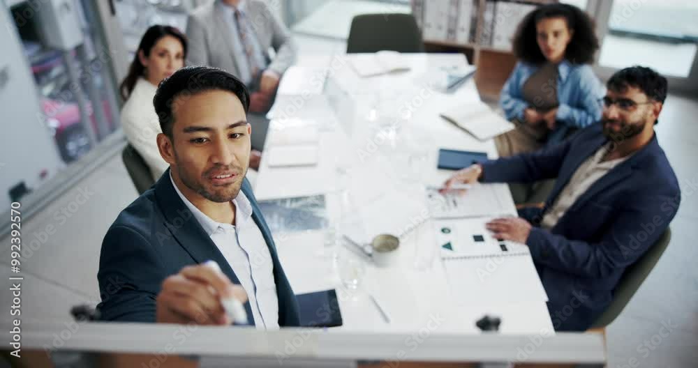 Poster Presentation, boardroom and man with smile, writing for ai to analyze financial risk with data scientist. Speaker, pitching and ideas of automatic tasks, top view and process of fraud detection