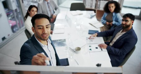 Presentation, boardroom and man with smile, writing for ai to analyze financial risk with data scientist. Speaker, pitching and ideas of automatic tasks, top view and process of fraud detection - Powered by Adobe
