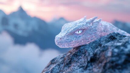 Icy dragon creature on rocky mountain landscape