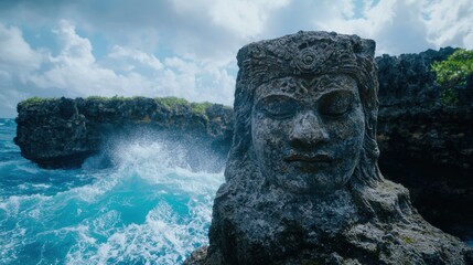 Obraz premium ancient stone face overlooking crashing waves
