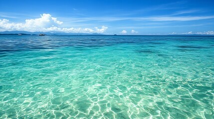 Obraz premium Crystal clear turquoise water with a bright blue sky and fluffy white clouds.
