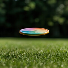 Colorful frisbee flying over green grass