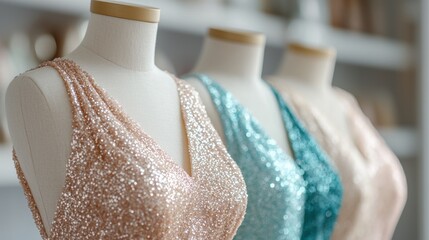 Elegant evening dresses on display