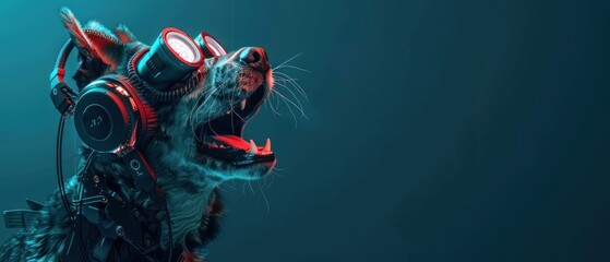 Cyberpunk dog wearing high tech headset roaring with copy space. AI generated images