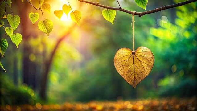 A delicate heart shaped leaf hangs from a branch, bathed in the warm glow of the setting sun, amidst a backdrop of vibrant green foliage.