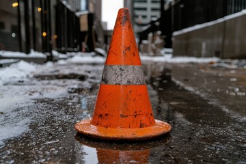 Bright orange traffic cone in snowy urban setting