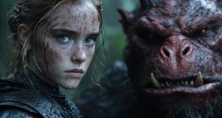 a young woman with freckles and a fierce expression standing next to a monstrous creature