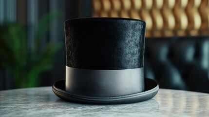 black top hat on wooden table