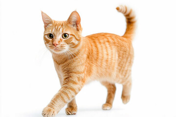 ginger cat walks on a white and isolated background