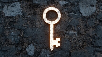Glowing old key on dark stone background