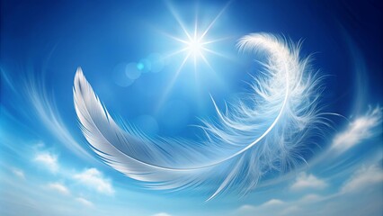 A single white feather floats in the blue sky, illuminated by the radiant sun, creating a delicate and ethereal scene.