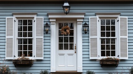 Fototapeta premium Charming blue house facade with decorative windows and door.