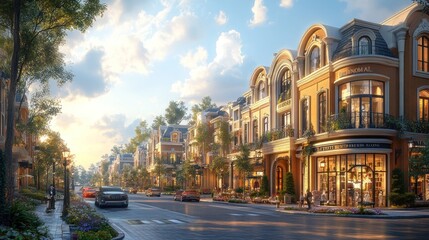 Naklejka premium A picturesque street scene with stylish shops and lush greenery.
