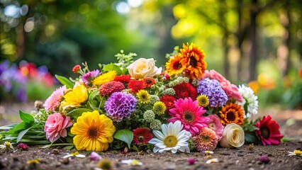 A vibrant bouquet of assorted flowers arranged in a colorful display on a rustic background.