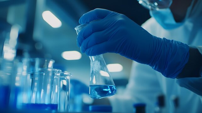 Close-up of gloved hand holding a flask filled with blue liquid in a laboratory setting