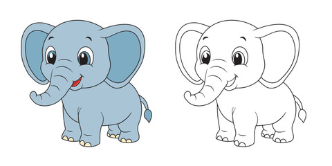 Coloring page for kids cute baby elephant. Vector illustration hand-drawn isolated on a white background.