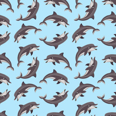 Naklejka premium Marine seamless pattern. Dolphins are hand-drawn.