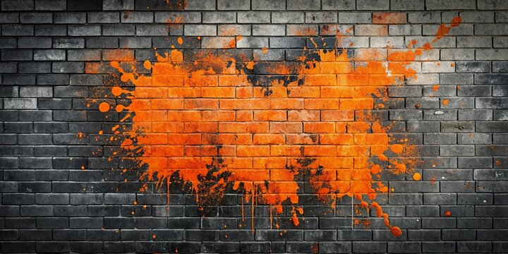 A brick wall with a large orange paint splatter creating a contrast of texture and color