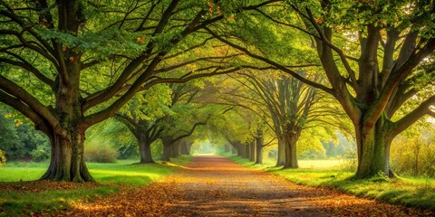 A Path Through the Trees, Sunlight Filtering Through the Canopy, Casting a Golden Glow on Fallen Leaves