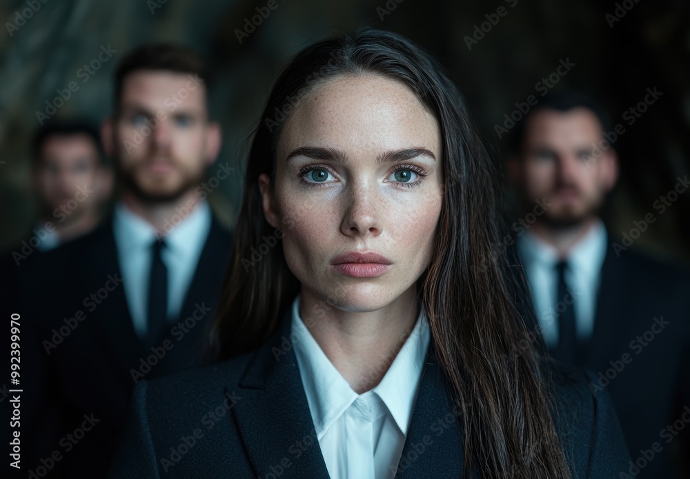 Sticker confident woman in business attire with serious expression