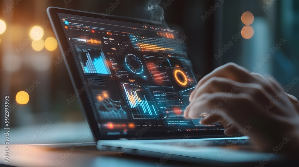 Poster hand interacting with laptop display showing data and graphs