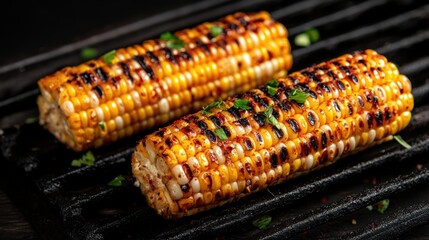 Grilled corn on cob, charred and garnished, perfect for summer BBQ or outdoor parties.