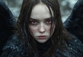 Intense gaze of a young woman with red eyes in a winter landscape