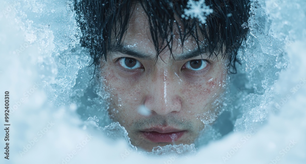 Poster Intense gaze of a person in the snow