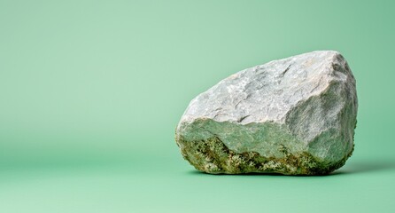 Naklejka premium Weathered rock with moss on green background