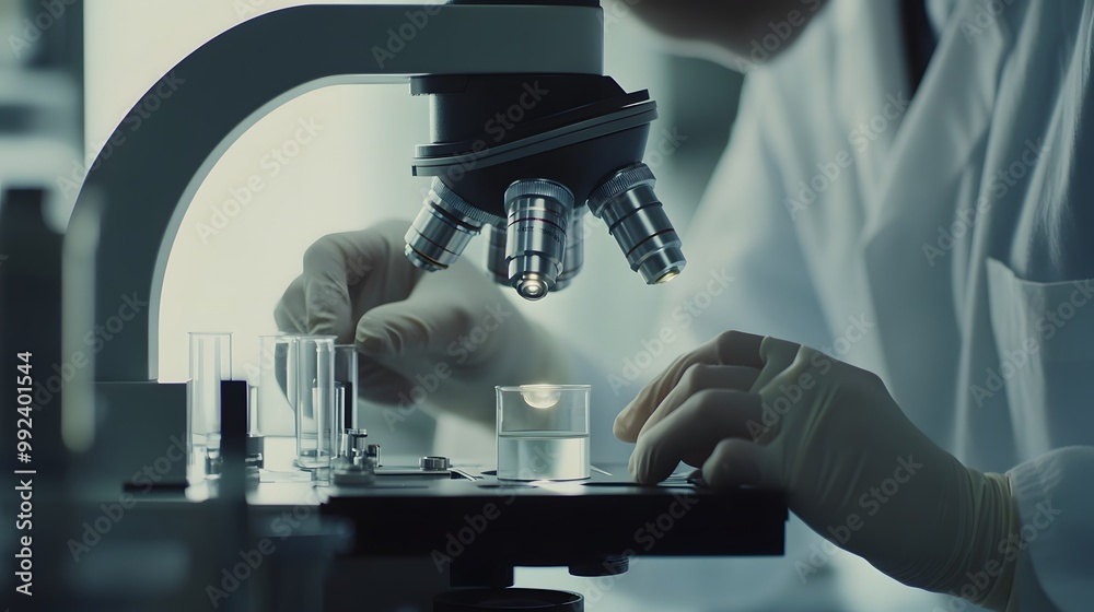Poster close-up of a scientist's hand using a microscope in a lab setting