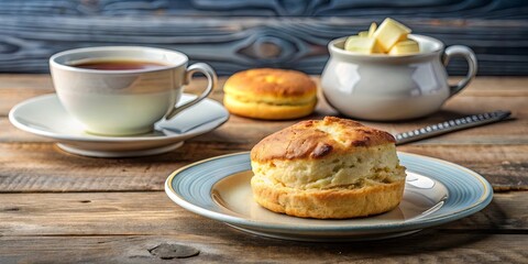 A single golden biscuit on a blue and white plate, with a cup of tea and a bowl of butter in the background, resting on a wooden surface.