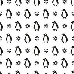 Black and White Penguin and Snowflake Silhouette. Seamless pattern for winter design. Perfect for winter and Christmas-themed designs