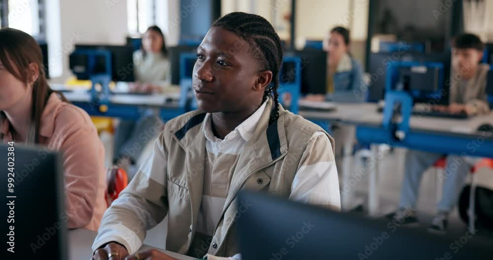 Aufkleber Computer, conversation and black student in classroom for learning, lecture or lesson at university. College, study and question with learner or pupil in school class for online assessment and report