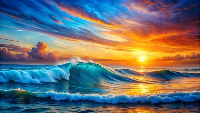 A breathtaking sunset over the ocean, with dramatic clouds reflecting vibrant colors across the rolling waves.
