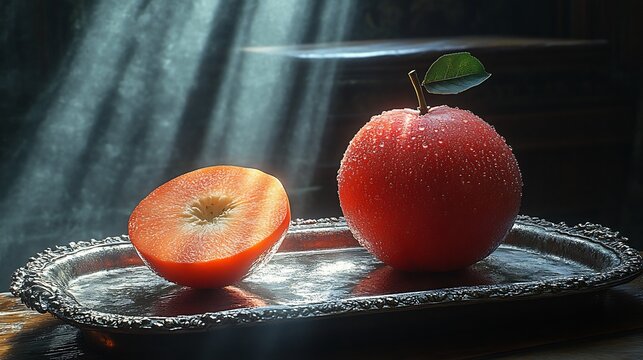 Persimmon resting on a silver tray in a darkened room with a velvet curtain partially drawn back to reveal a single beam of light evoking mystery and allure Scientific name Diospyros kaki