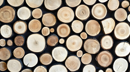 A Detailed Close-Up of a Wall Decorated with Many Wooden Log Slices, Showing the Natural Texture and Grain of the Wood.