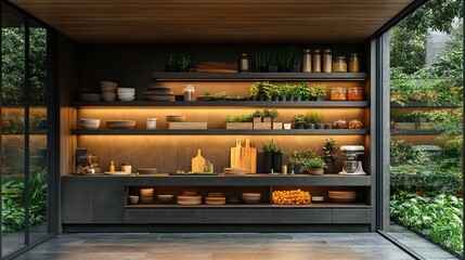 Modern kitchen display with plants and organized utensils.