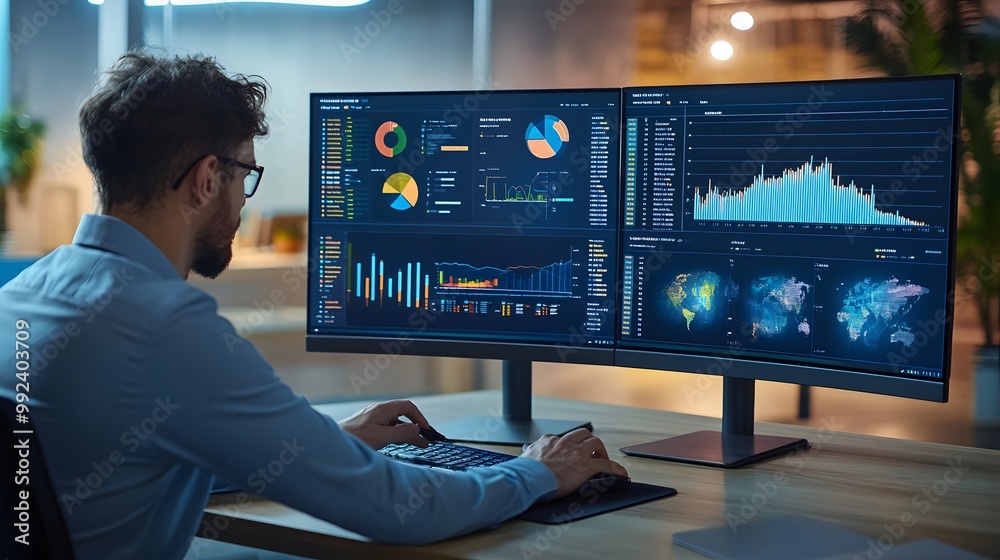 Poster a man analyzing data on a dual monitor setup