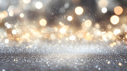 Abstract Background with Golden Bokeh Lights and Silver Glitter Texture