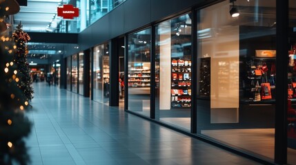 Modern shopping mall interior with storefronts and festive decorations.