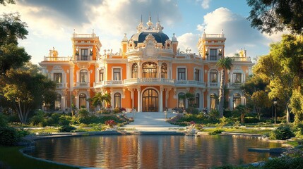 Fototapeta premium A grand mansion surrounded by lush gardens and a serene pond.