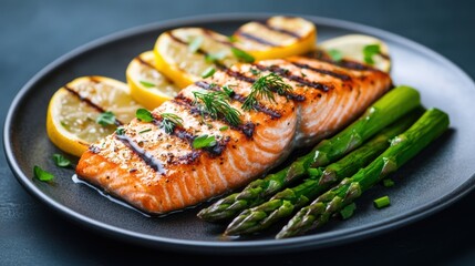 Grilled salmon with asparagus and lemon slices on a black plate.