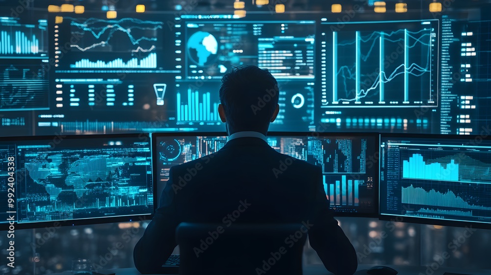 Poster man silhouetted against multiple computer screens displaying data and charts