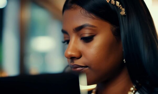 Gambian Woman Typing on Laptop in Cozy Coffee Shop