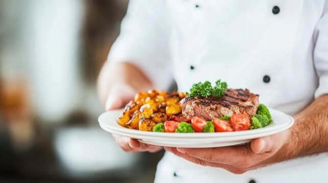 The chef carefully showcases a beautifully arranged gourmet plate featuring grilled steak, sautГ&copy;ed vegetables, and fresh herbs