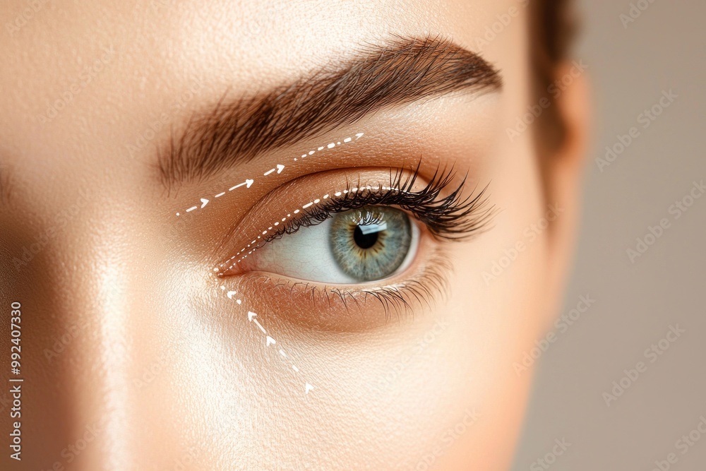 Wall mural close-up of a woman's eye with arrows indicating lines for a plastic surgeon on a beige background. 